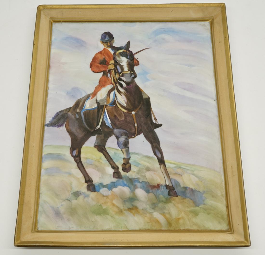 Nippon Man on Horse Square Wall Plaque: Nippon square wall plaque with man on horse. Measures 10.25 in. x 8 in. Excellent condition. No chips, cracks or repairs. Provenance: Edmonds, Washington estate. If lot is absent of a condition report