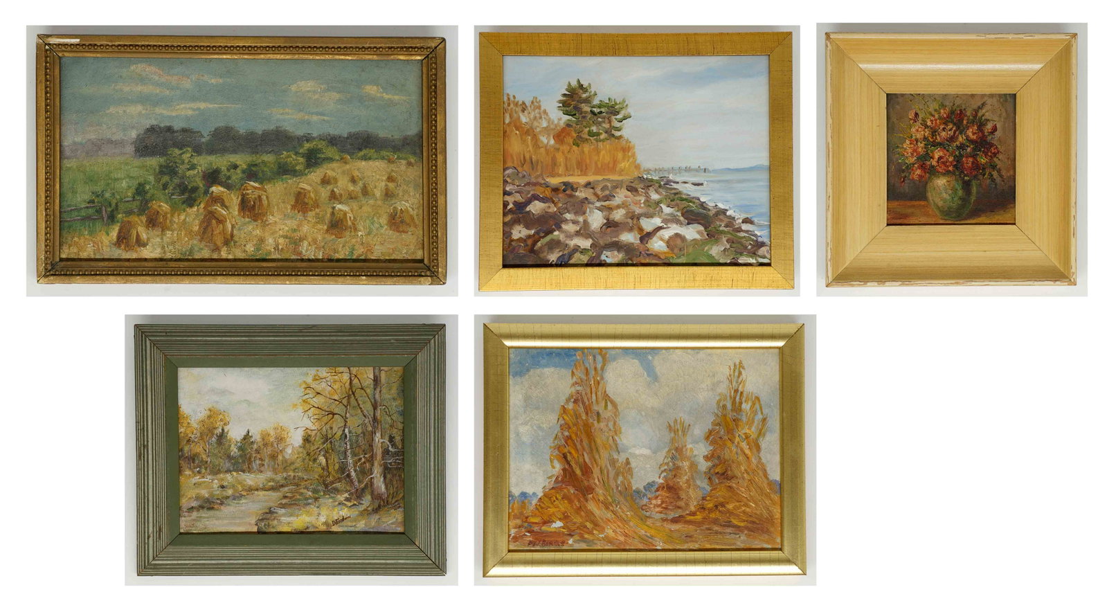 Small Landscape Original Paintings (5): A group of four vintage small original oil paintings and one watercolor. Includes works signed by P.W Barnes, Dorothy Goodwin, Hilda Karnial, unsigned and more. Condition varies. Sizes range 5 in. x 5