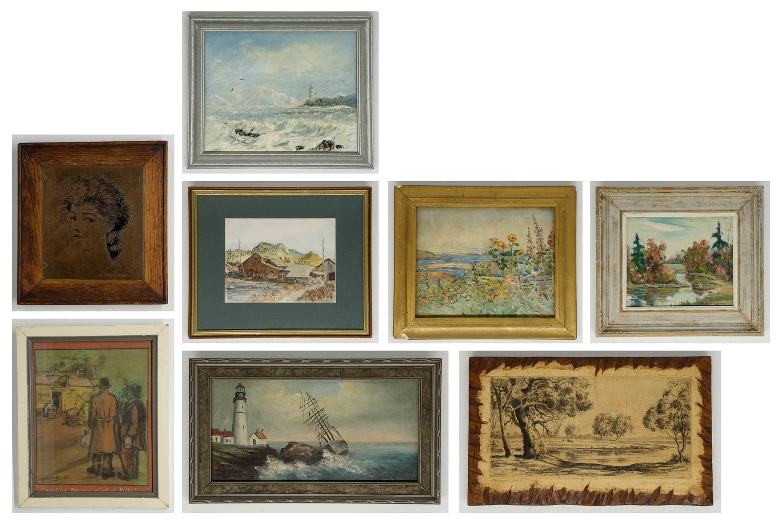 Group Eight Small Framed American Art: A group of eight assorted small American artworks. They measure from 6 in. x 7 in. to 7.75 in. x 9.5 in. Artists include Ruth Nettleton small oil, Arthur Learned copper panel, Jeanette A. Stewart wate