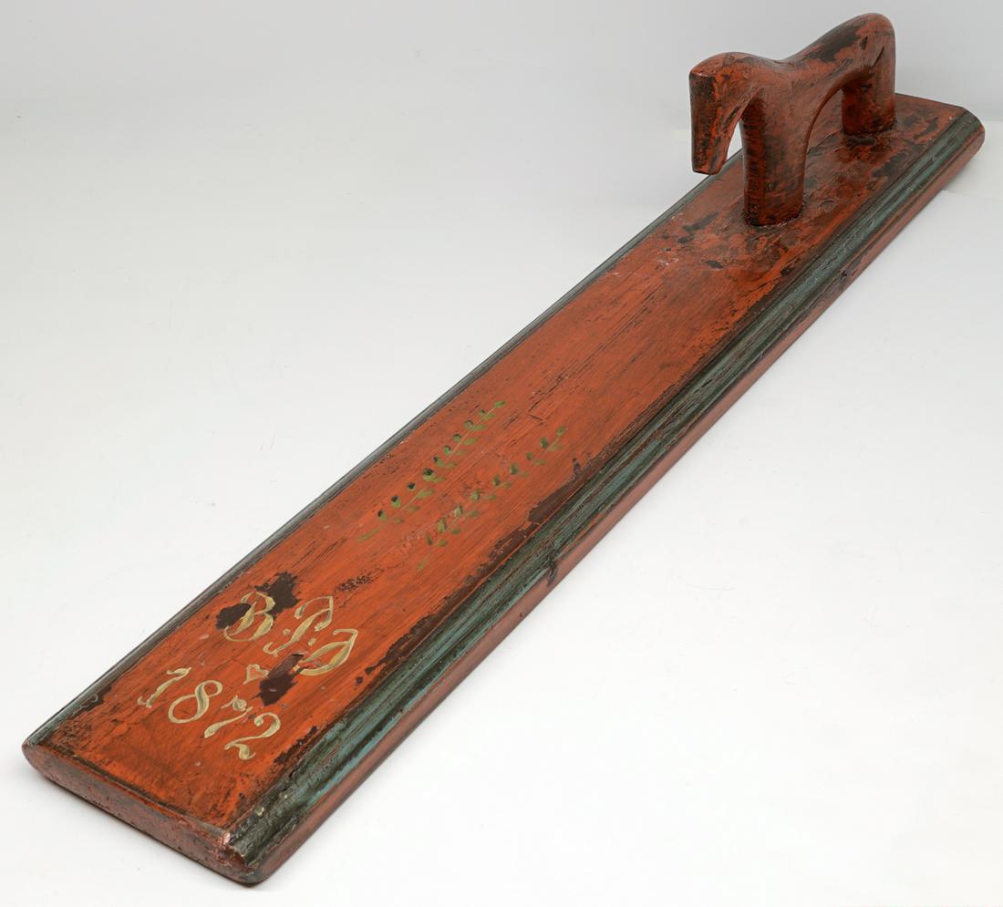 Scandinavian Painted Mangle Board, Dated 1872: Scandinavian Painted Mangle Board, Dated 1872. Measures 5.25 in. x 25.5 in. x 4.25 in. Good condition. If lot is absent of a condition report a condition report may be requested via email. Condition r