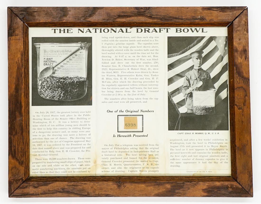 The National Draft Bowl Ticket Framed [WWI]: The National Draft Bowl framed original ticket. Measures 9.25 in. x 12.25 in sight size and 10.75 in. x 13.75 in. framed. Appears to be in F-G/G condition with stains along lower third of sheet. If lo