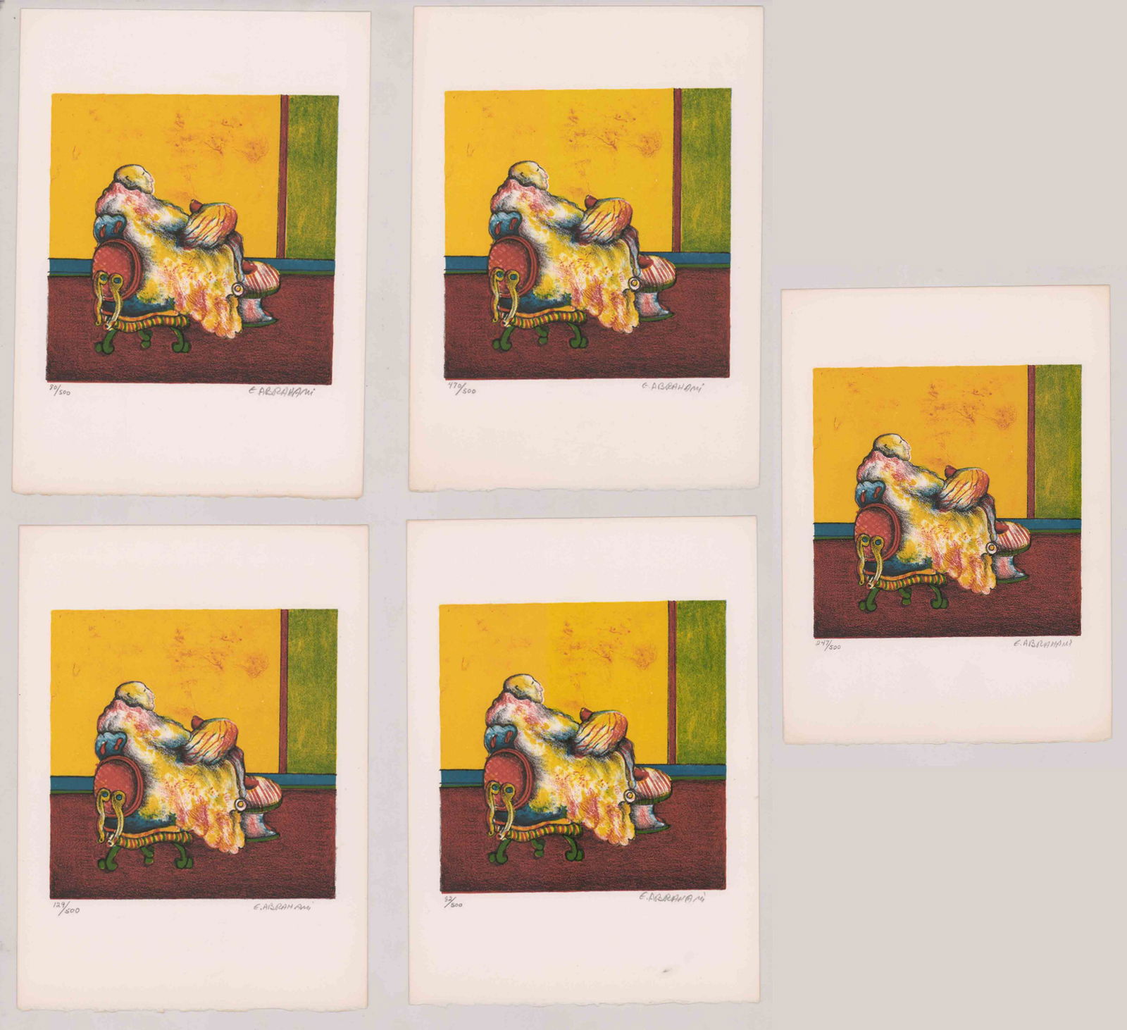 Elie Abrahami Signed, Numbered Lithographs (5): Elie Abrahami group of five pencil signed and numbered prints. All are the same image with numbers 82/500, 129/500, 80/500, 470/500 and 247/500. All are unframed, loose and not glued or mounted. Like-