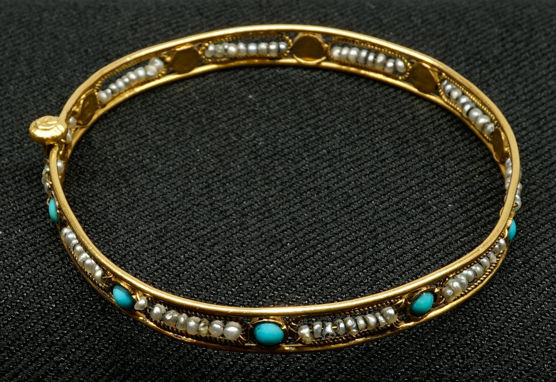 22k Yellow Gold Seed Pearl Turquoise Bracelet: Unmarked, tested 22k yellow gold, seed pear and turquoise bracelet. Measures 7.5 in. outside circumference and .1875 width. Weighs 11 grams. If lot is absent of a condition report a condition report m