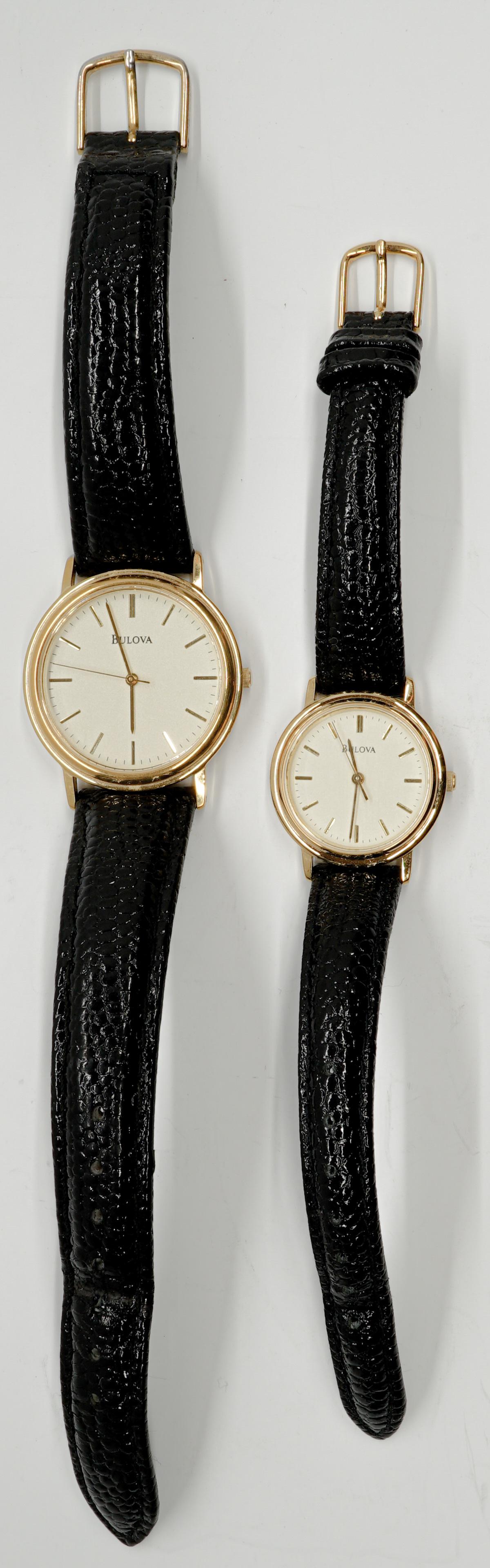 Bulova His and Hers Watches: Bulova quartz his and hers matching wrist watches. Both need batteries. Larger measures 1.25 in. diameter, smaller measures 1 in. diameter. If lot is absent of a condition report a condition report ma