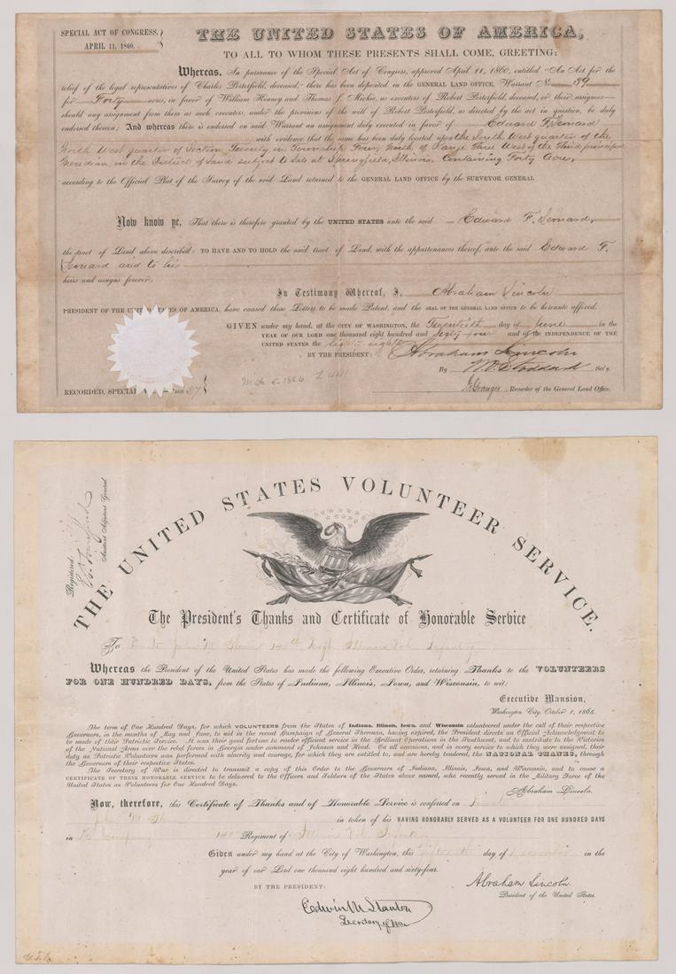 Abraham Lincoln Secretarial Signed Documents: Two United States of America documents bearing Abraham Lincoln's secretarial signatures and facsimile signature. They Measure 10 in. x 16 in. and 13 in. x 16 in. If lot is absent of a condition report