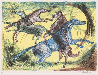 Hans Struck Lithograph [AP, Horses]: Hans Struck artist proof color lithograph. Signed 'Hans Struck' in pencil lower right. 'A.P.' in pencil lower left. Measures 16.375-in. x 22.625-in. image size, 20-in. x 26-in. sheet size. In VG/EX