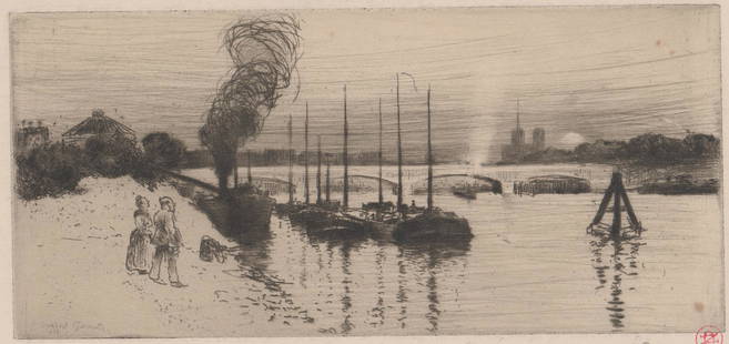 Norbert Goeneutte Etching [Boats, Bridge]: Norbert Goeneutte (France 1854 - 1894) etching. Signed 'Norbert Goeneutte' in pencil lower right. Red ink stamp above artist's signature. Indiscernible title in pencil lower right of sheet.