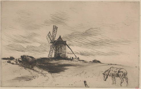 Norbert Goeneutte Etching [Windmill, Horse]: Norbert Goeneutte (France 1854 - 1894) etching. Signed 'Norbert Goeneutte' in pencil lower right. Red ink stamp above artist's signature. In VG/EX condition, with small spotting and two small pieces