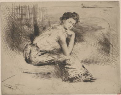 Norbert Goeneutte Etching [Woman]: Norbert Goeneutte (France 1854 - 1894) etching. Signed 'Norbert Goeneutte' in pencil lower right. Red ink stamp above artist's signature. In good condition, with spotting. Indiscernible writing in low