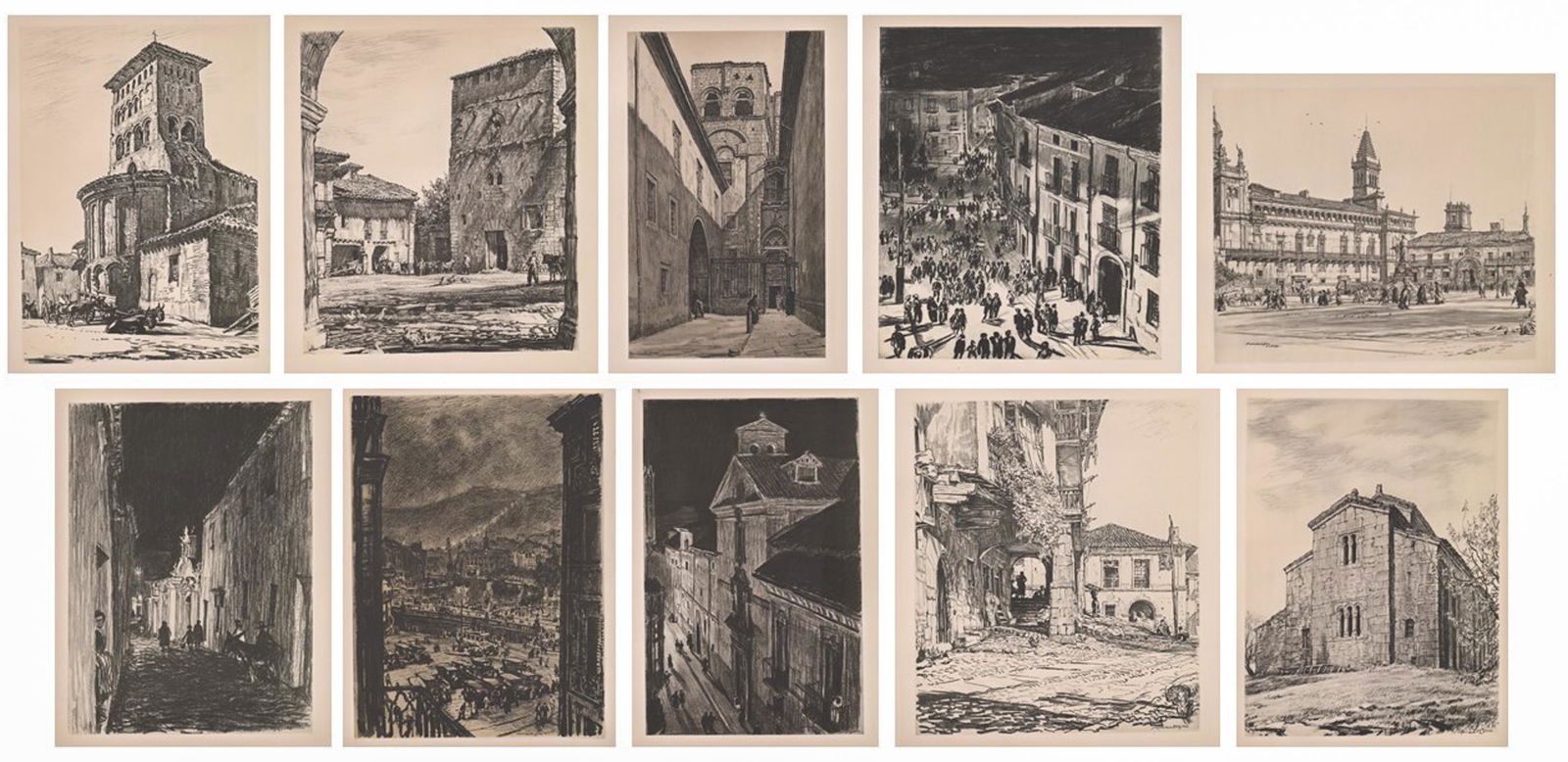 Muirhead Bone Prints [Old Spain Exterior Scenes]: Ten Muirhead Bone prints from drawings by artist as published in 'Old Spain' by MacMillian and Co., London, 1936. From a limited edition copy of 'Old Spain' of 265 sets, of which these prints are from
