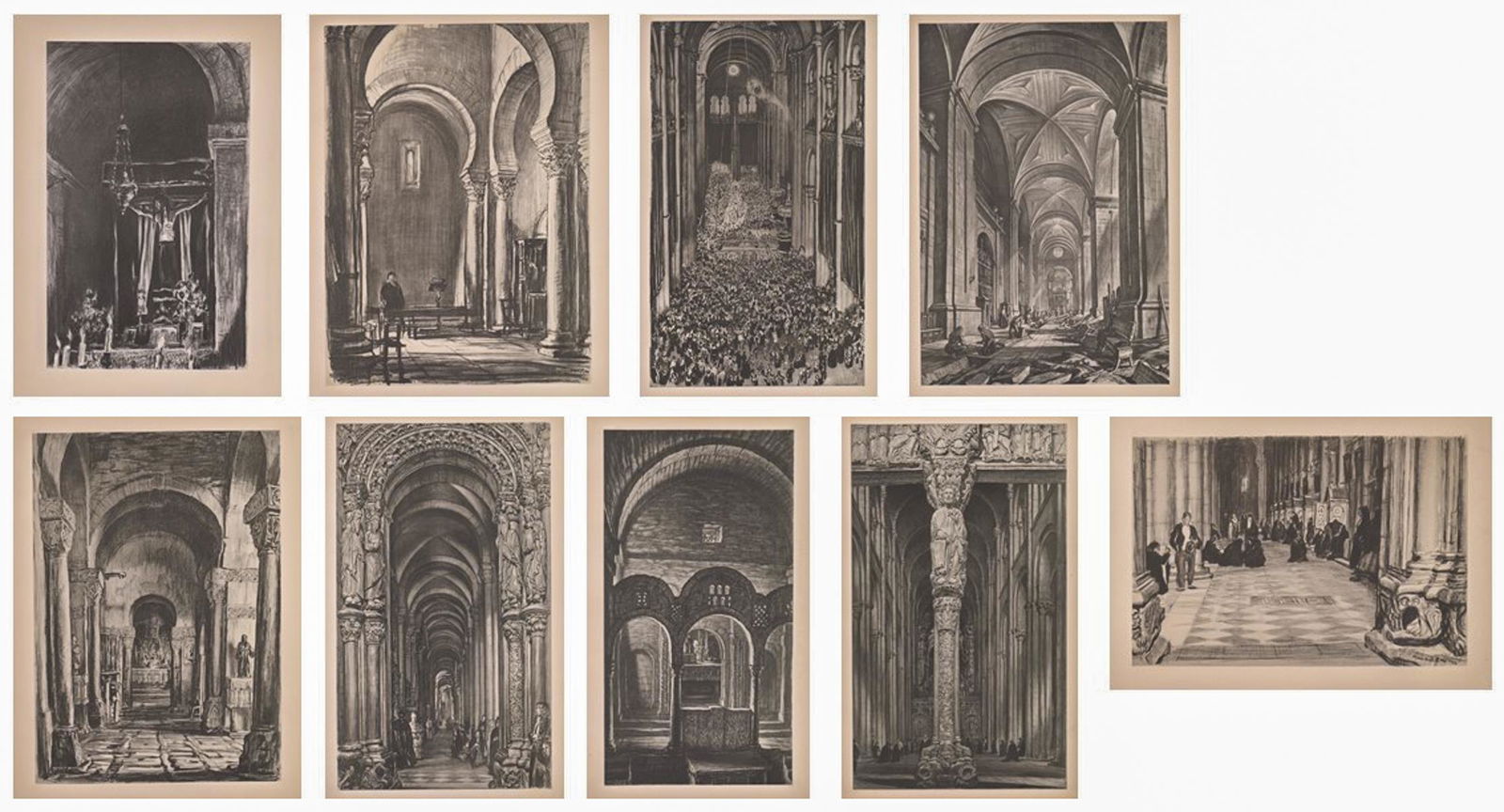 Muirhead Bone Prints [Old Spain Interior Scenes]: Nine Muirhead Bone prints from drawings by artist as published in 'Old Spain' by MacMillian and Co., London, 1936. From a limited edition copy of 'Old Spain' of 265 sets, of which these prints are fro