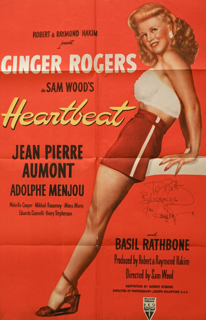 Ginger Rogers in 'Heartbeat' Signed Poster: Ginger Rogers in 'Heartbeat' (RKO, 1946) Signed One Sheet Movie Poster. Measures 41 in. x 27 in. G-VG/VG condition. Beckett Authentication Services COA Q05162. Provenance: Formerly the personal collec