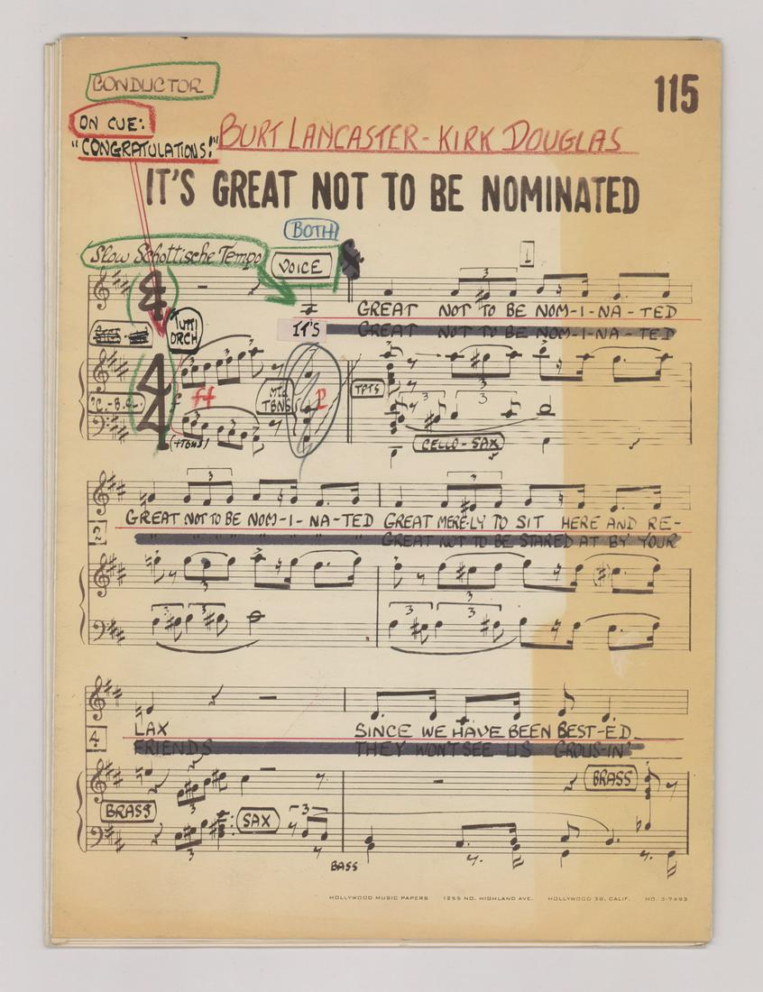 1958 Oscars® It's Great Not To Be Nominated Music: 1958 Oscar® ceremony sheet music from Burt Lancaster and Kirk Douglas performing 'It's Great Not To Be Nominated'. There is no name written as to whom this belonged to. However, it contains Lancaster