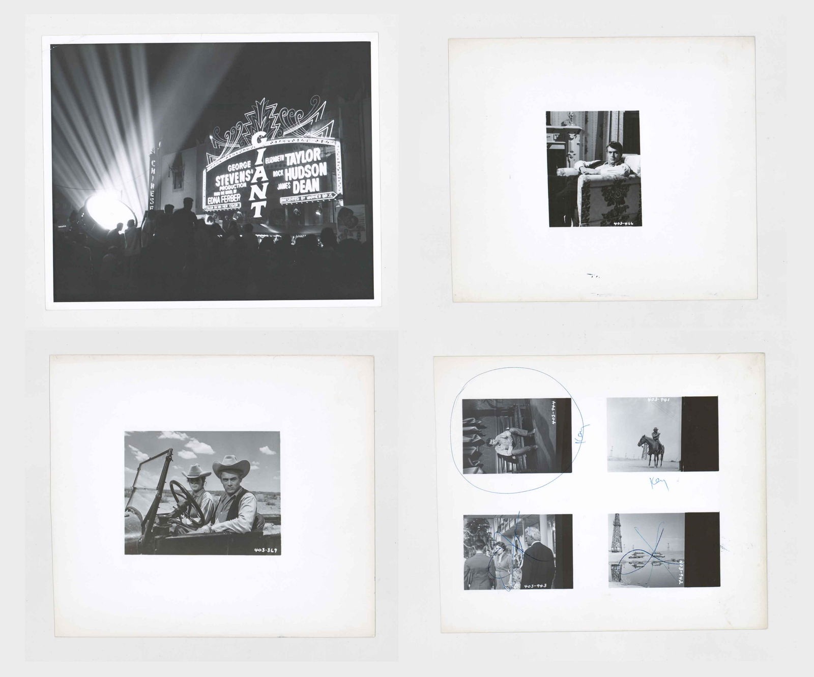 Giant Publicity Photos (Warner Brothers, 1956): Four Giant (Warner Brothers, 1956) vintage publicity still photos with James Dean, Rock Hudson, marquee and more. Glossy surface black and white photographs measuring approximately 9.25 in. x 8 in. to