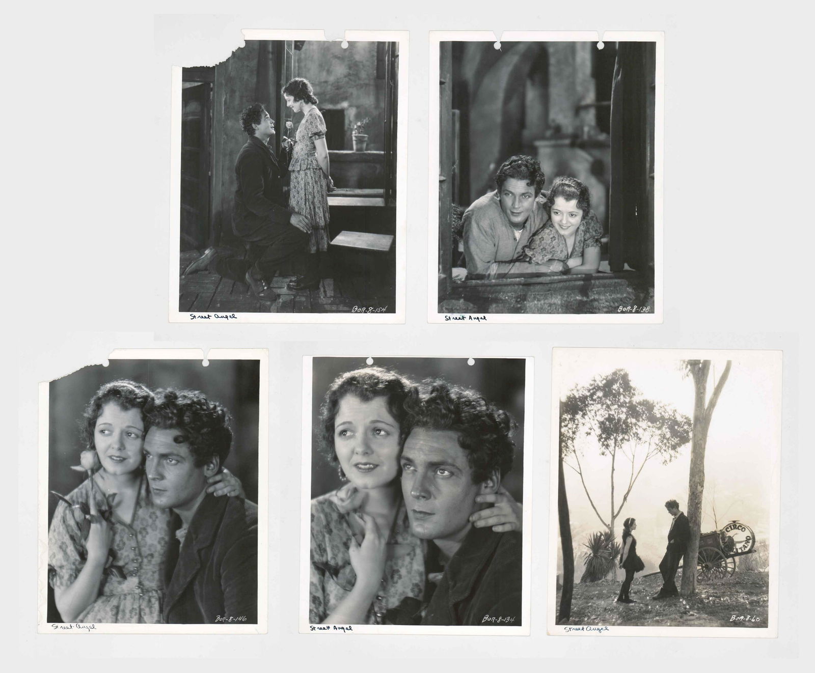 Janet Gaynor and Charles Farrell in 'Street Angel': Five Janet Gaynor and Charles Farrell in 'Street Angel' (Fox, 1928) movie stills. Four Keybook production still photographs and one production still. All are glossy photographs. They measure approxima
