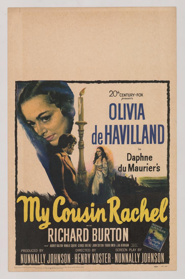 My Cousin Rachel Window Card Movie Poster: My Cousin Rachel (20th Century Fox, 1952) window card movie poster. Measures 22 in. x 14 in. Produced on heavy cardboard stock. VG-EX/EX condition. Provenance: Formerly the personal collection of Robe