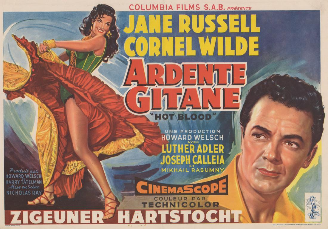 Jane Russel in 'Hot Blood' (1956) Movie Poster: Jane Russell in 'Hot Blood' (Columbia, 1956) Belgian movie poster. Measures 19.875 in. x 14.25 in. Fair to good condition with a vertical fold line down center and light creases. Provenance: Formerly