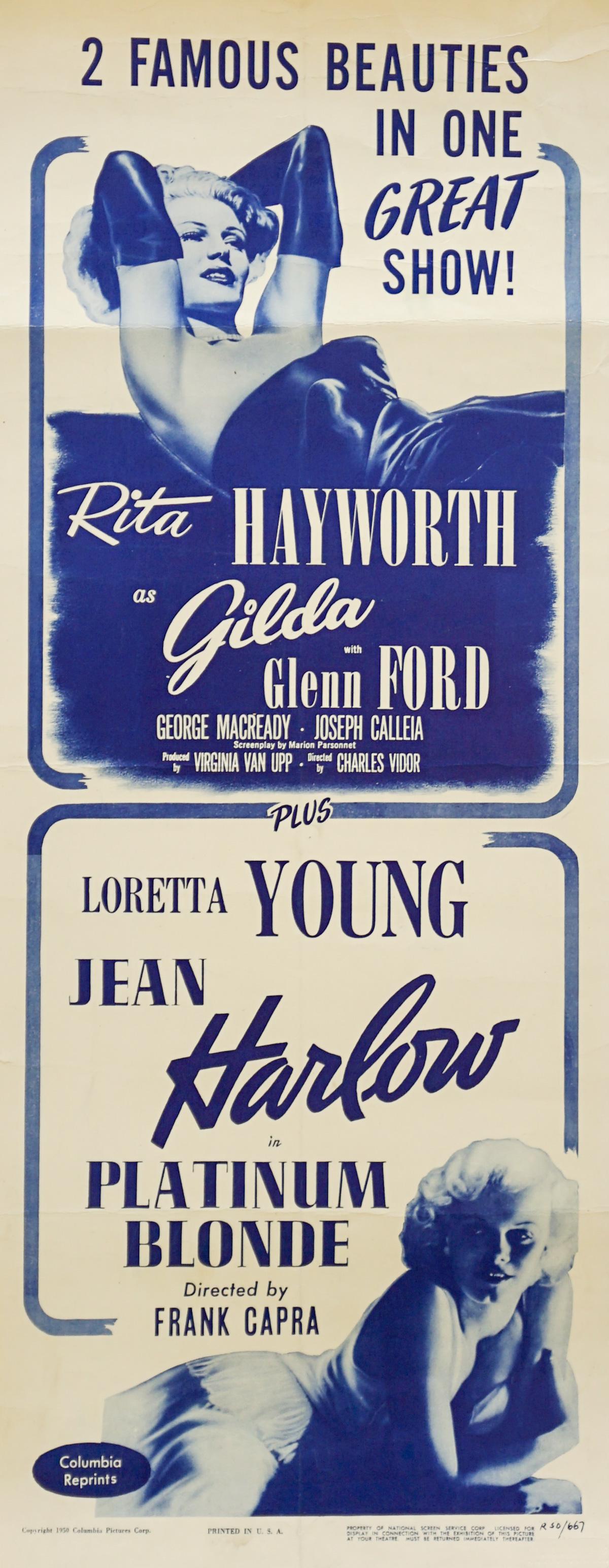 'Platinum Blonde' (Columbia, 1950) Movie Poster: 'Platinum Blonde' (Columbia, 1950) insert movie poster. Measures 14 in. x 36 in. Good condition with light creases. Provenance: Formerly the personal collection of Robert Osborne, then by descent thro