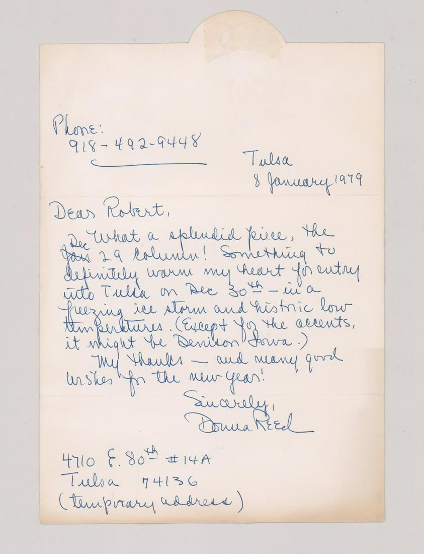 Donna Reed ALS to Robert Osborne: Donna Reed handwritten autographed letter signed to Robert Osborne. Stationary is folded envelope and is address to Mr. Robert Osborne 2590 N. Beachwood Drive Los Angeles, CA 90068. Letter transcribed
