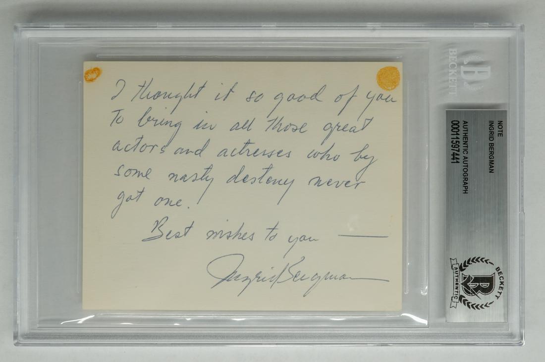 Ingrid Bergman Signed Note to Robert Osborne: Ingrid Bergman signed note card to Robert Osborne thanking him for sending her a copy of his book he authored '50 Golden Years of Oscar'. Measures 3.5 in. x 4.5 in. Authenticated and encapsulated by B