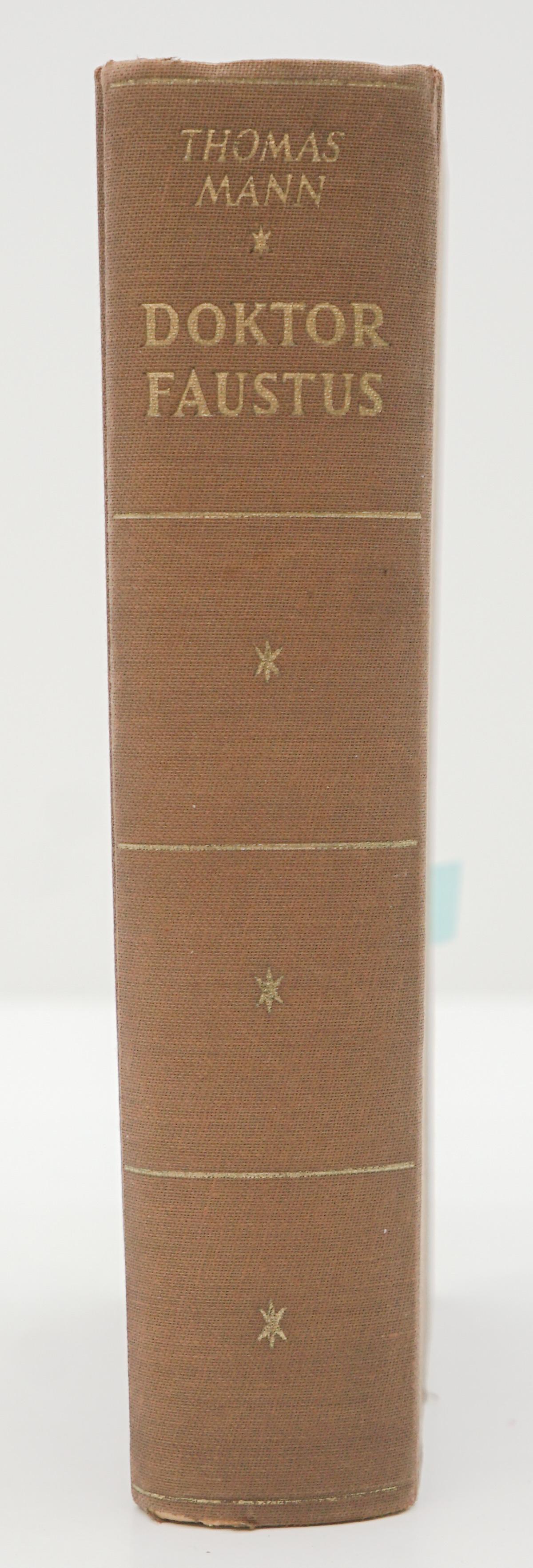 Doktor Faustus by Thomas Mann 1947: Doktor Faustus by Thomas Mann. 1947, unstated first edition. Bermann - Fischer Verlag, Stockholm. (German). No dust jacket. Cloth cover with gilt lettering. 773 pp. Owner notes back flyleaf, endsheet