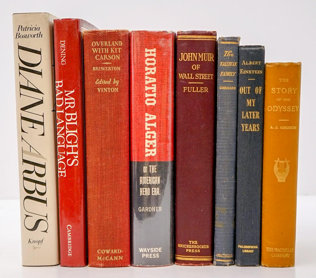 Non-Fiction (8) Various Topic Books: Group of eight various topic non-fiction books. Includes: 1) Overland with Kit Carson by Brewerton. 1930. 2) John Muir of Wall Street by Fuller. 1927. ... and more. Group measures 9.5 in. x 7 in. x 10