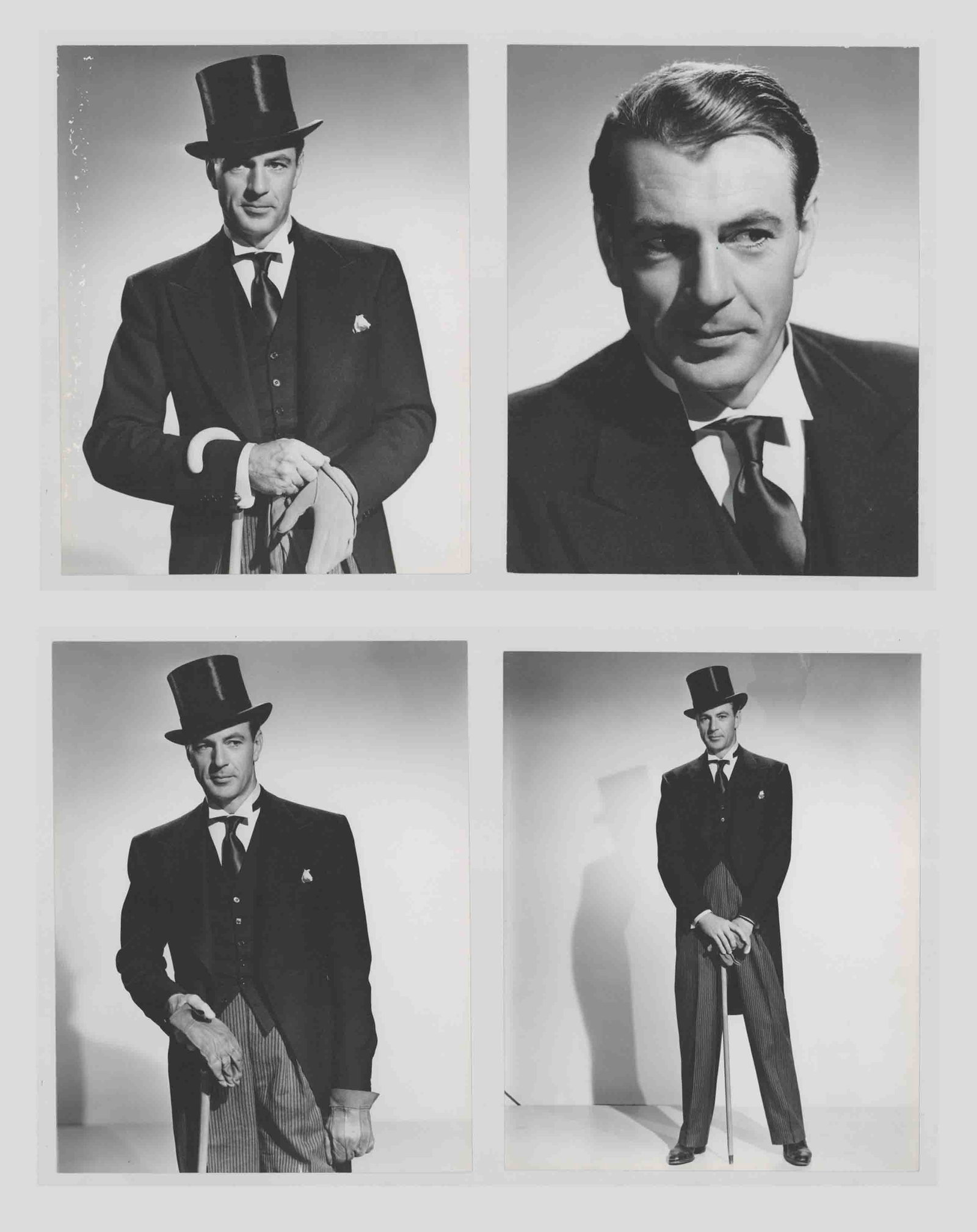 Gary Cooper Oversized Publicity Photos (4): Gary Cooper vintage oversized publicity photos (4). Matt surface, single-weight black and white photographs. They measure approximately 13.375 in. x 10.5 in. with one slightly smaller. Three are in VG
