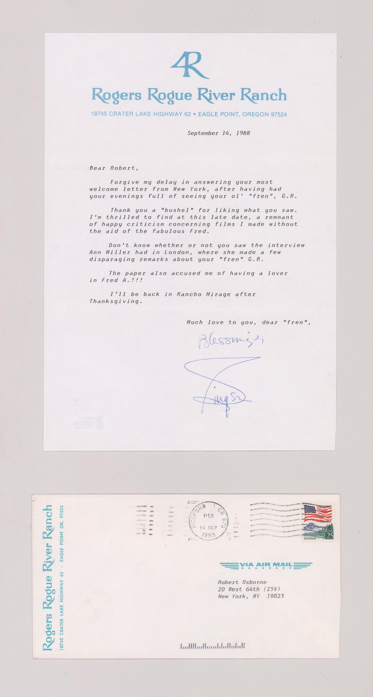 Ginger Rogers Signed Letter to Robert Osborne: Ginger Rogers signed letter with stamped addressed envelope to Robert Osborne dated September 14th, 1988. Measures 10-in x 7-in. Signed in blue ink. Includes COA from Beckett Authentication #Q05169. P