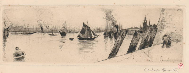 Norbert Goeneutte Etching [Boats from Dock]: Norbert Goeneutte (France 1854 - 1894) etching. Signed 'Norbert Goeneutte' in pencil lower right. Red ink stamp above artist's signature. Artist signature and date ('Norbert Goeneutte Anvpre 1881')