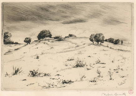 Norbert Goeneutte Etching [Tree on a Hill]: Norbert Goeneutte (France 1854 - 1894) etching. Signed 'Norbert Goeneutte' in pencil lower right. Red ink stamp above artist's signature. In G/G+ condition, with toning in the margins, especially the