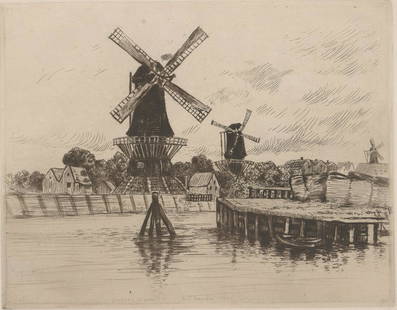 Norbert Goeneutte Etching [Windmills]: Norbert Goeneutte (France 1854 - 1894) etching. Signed 'Norbert Goeneutte' in pencil lower right. 'Norbert Goeneutte Rotterdam 1821' printed in plate lower center. In G/G+ condition, with toning in