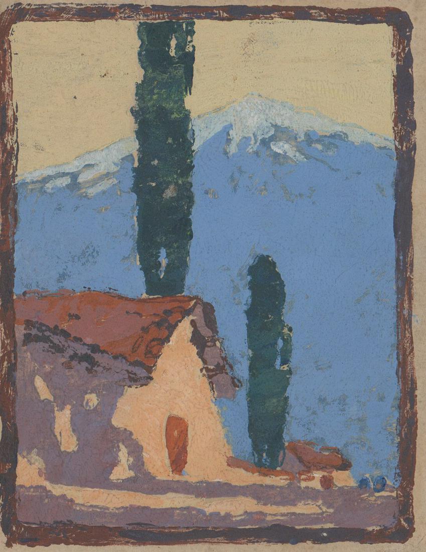 Houghton Cranford Smith Oil [Christmas Card]: Houghton Cranford Smith (New York, Kansas, New Jersey 1887 - 1983) oil on paper Christmas Card. Signed and inscribed 'Merry Christmas and a Happy New Year to Mr. Reynolds Beal from H. Cranford Smith'