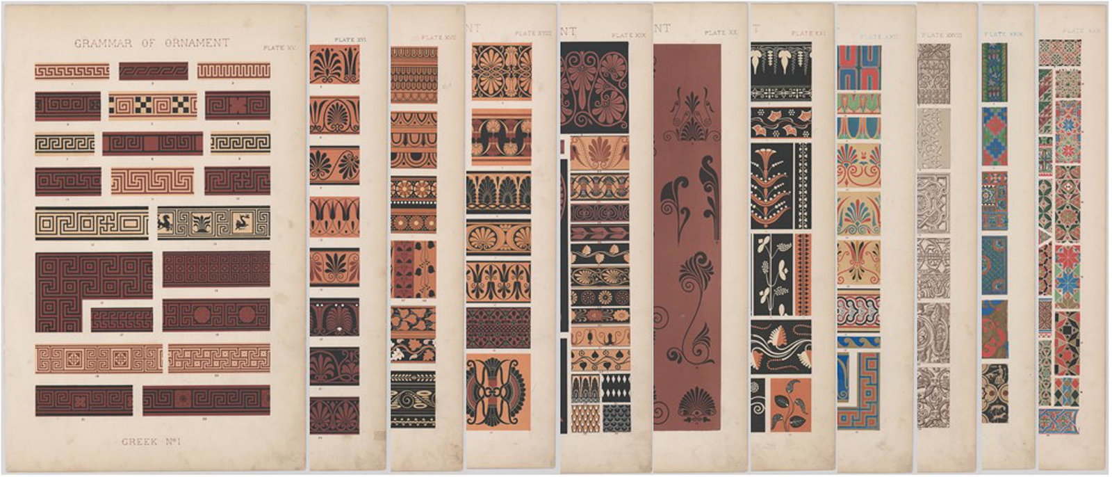 Owen Jones Grammar of Ornament [Greek, Byzantine]: Byzantine No. 1 - Byzantine No. 3. Beautiful designs and colors, including several with gold and/or silver gilding. All measure approximately 21.75-in. x 14.25-in. sheet size. In varying condition fro