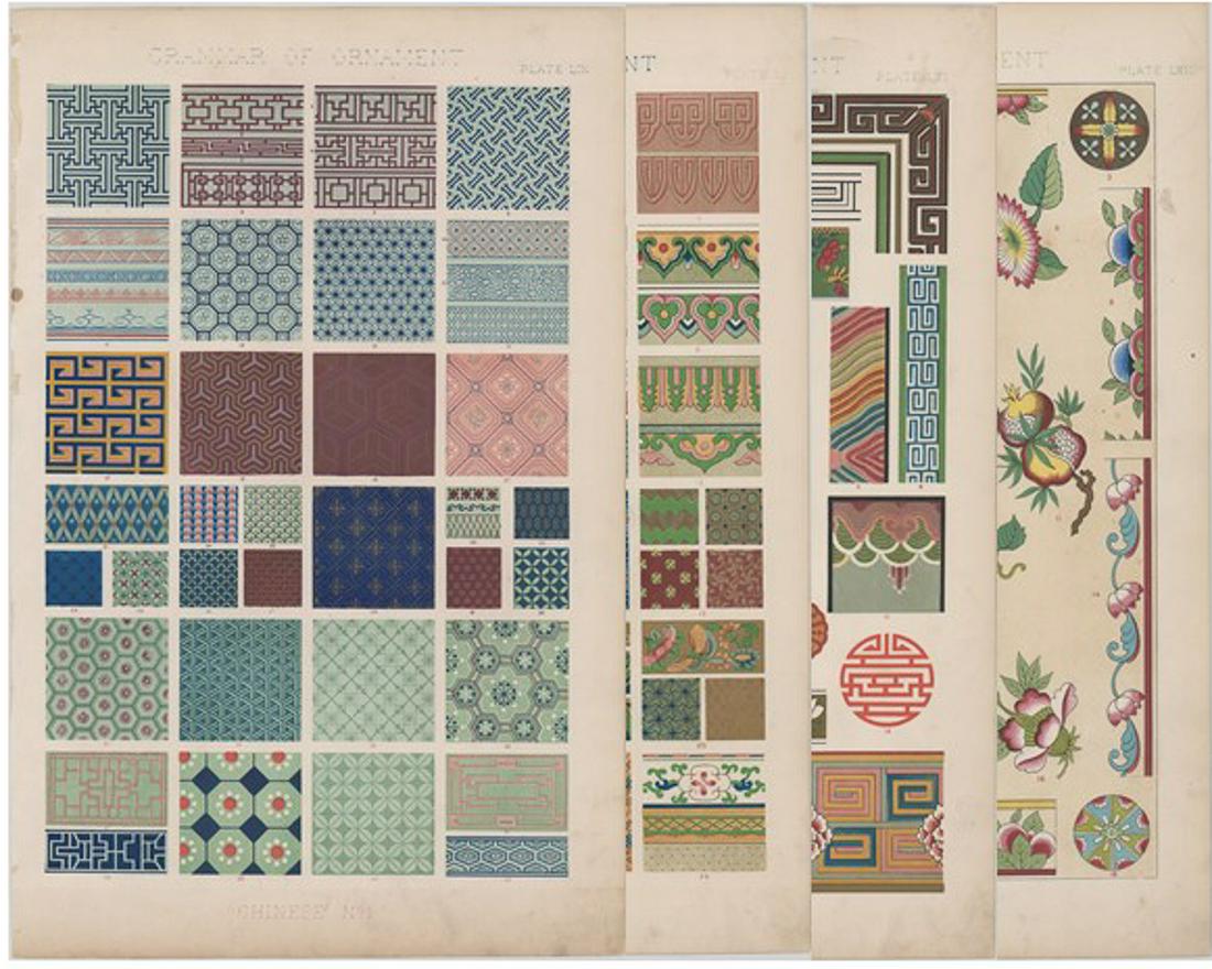 Owen Jones Grammar of Ornament [Chinese]: Four (4) Owen Jones 19th century (exact date unknown) chromolithographs from Grammar of Ornament. Includes Chinese No. 1 - Chinese No. 4. Beautiful designs and colors, including several with gold and/