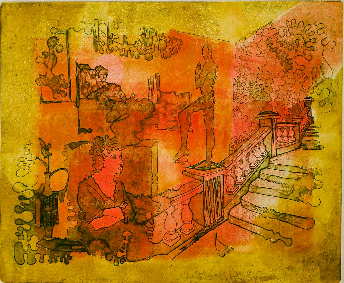 Linda Stein Color Etching [Modernist, Staircase] (1 of 5)