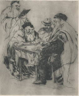 William Meyerowitz Etching [Judaica]: William Meyerowitz (New York 1887 - 1981) etching. Signed by artist in pencil lower right. Artist's name in plate, lower right. Numbered '21/30' in pencil lower center of sheet. Titled 'Talmudists'