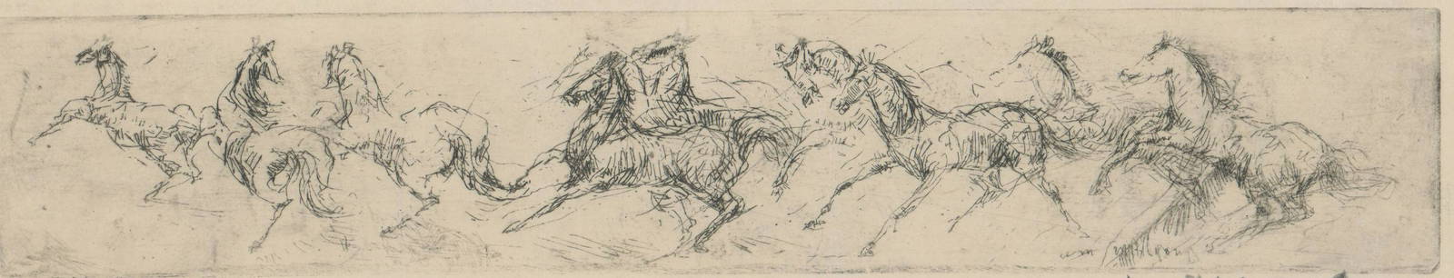 William Meyerowitz Etching [Horses]: William Meyerowitz (New York 1887 - 1981) RARE etching, Ca. 1920's. Signed by artist in pencil lower right. Measures 2.875-in. x 9-in. sight size, 14-in. x 18-in. mat size. In G/VG condition. Mounted