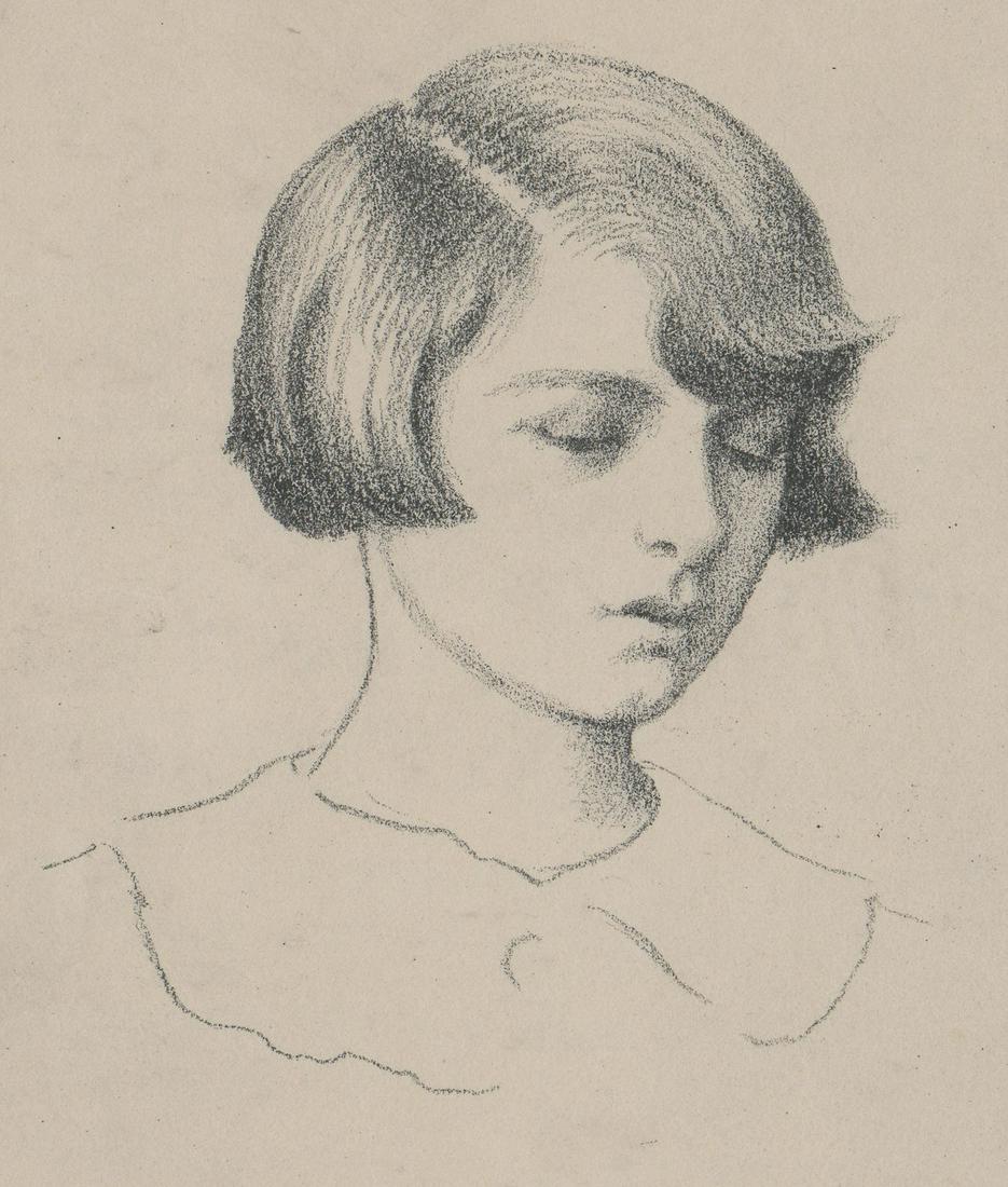 William M. Paxton Lithograph [Portrait, Girl]: William McGregor Paxton (Massachusetts, Maryland 1869 - 1941) lithograph. Signed 'Wm Paxton' in pencil upper right. Measures 5.25-in. x 4.5-in. image size, 10.375-in. x 8-in. sheet size. In VG conditi