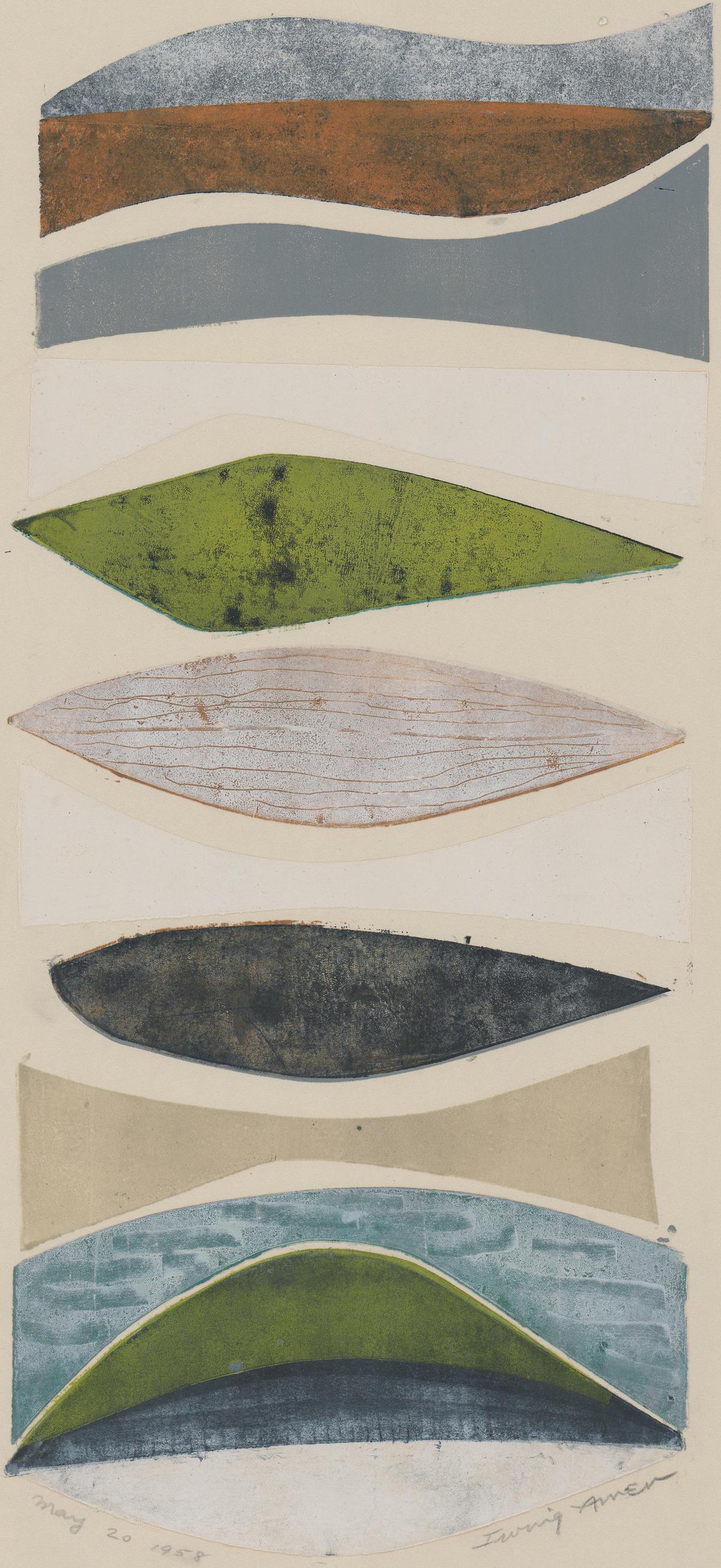 Irving Amen Color Aquatint [Abstract, Totem]: Irving Amen (New York, Florida 1918 - 2011) color aquatint. Signed 'Amen' in pencil lower right. Title 'Totem' in pencil lower right of sheet. Date 'May 20, 1958' in pencil lower left. Measures 20.75-
