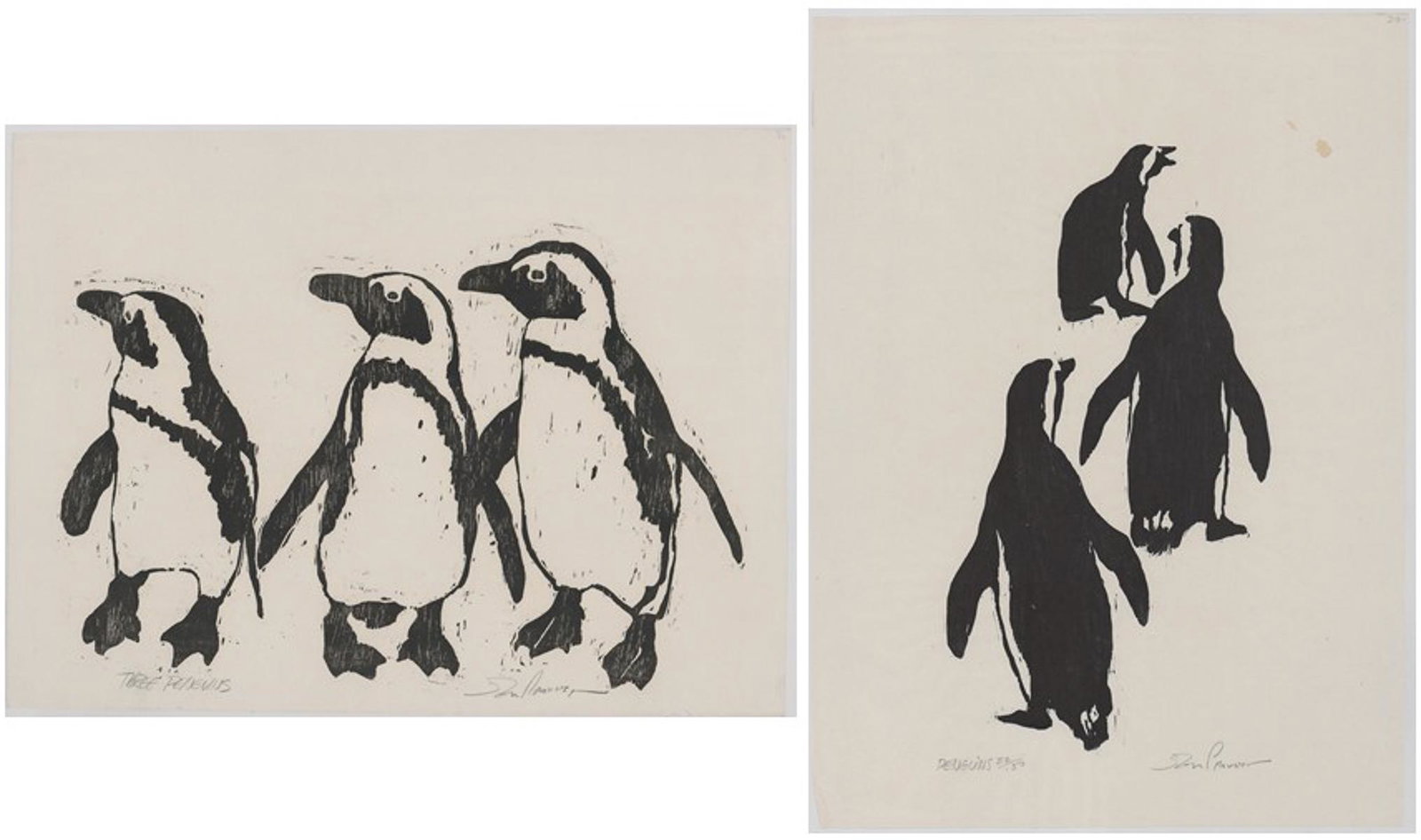 Jon Provest Woodcuts [Penguins]: Two Jon Provest woodcuts. Both signed 'Jon Provest' in pencil lower right. One is titled and numbered 'Penguins 22/150' in pencil lower left, and measures 16.5-in. x 8.75-in. image size, 21.875-in. 16