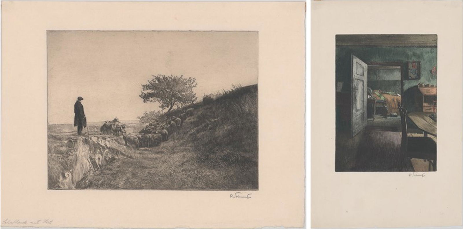 Ferdinand Schmutzer [Farm Life]: Two Ferdinand Schmutzer (Austrian 1870 - 1928) pencil signed etchings. Both signed 'F. Schmutzer' lower right. Color etching measures 10.625 in. x 7.875 in. image size and 17.5 in. x 11.75 in.; sepia