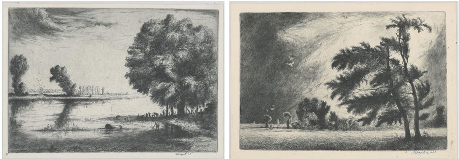 Julius Komjati Etchings [Trees, Lake] (1 of 3)