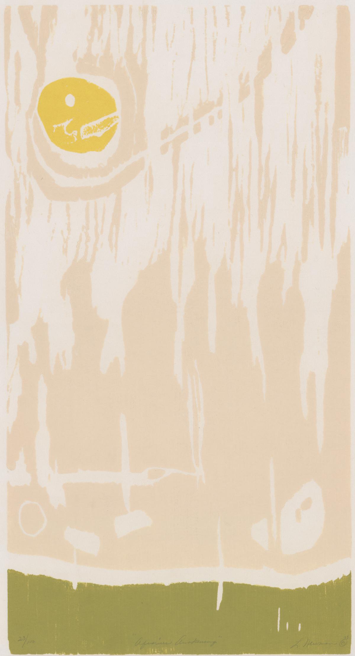 Libby Newman Woodcut [Sun]: Libby Newman (American 20th century) woodcut. Signed, dated and copyright 'L. Newman (C) 73' in pencil lower right. Numbered '23/100' in pencil lower left. Measures 23-in. x 12.25-in. image size, 24.1