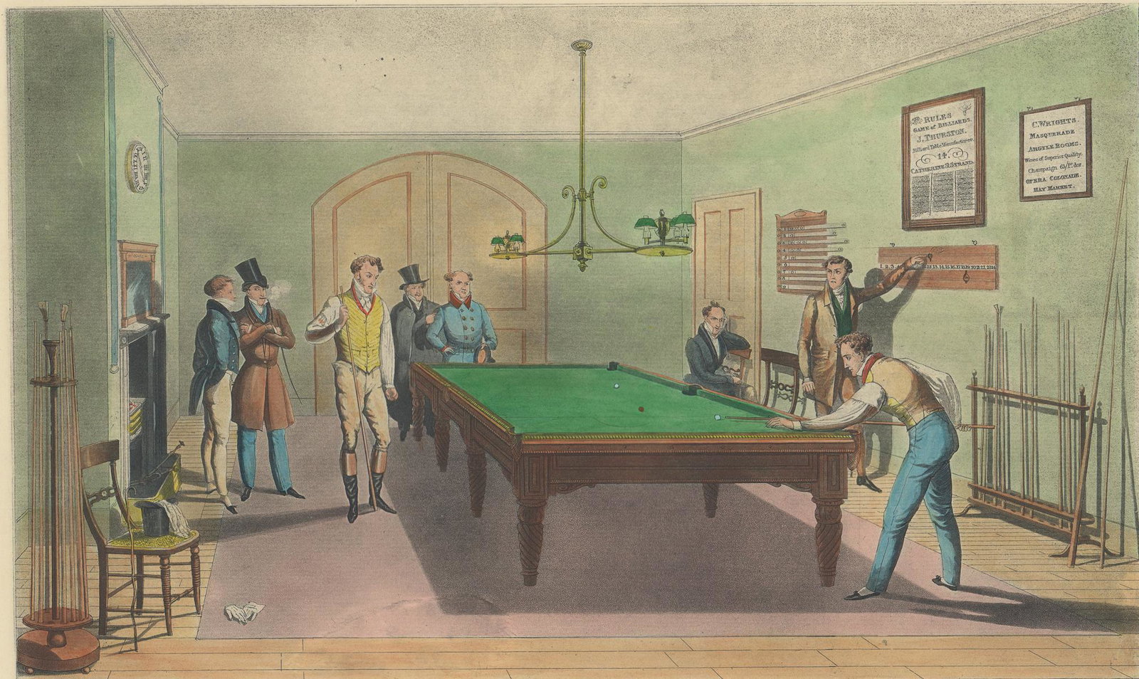 After Lambert Colored Engraving [Billiards]: After E.F. Lambert colored engraving titled 'Billiards'. This British restrike engraving dates to the 2nd half of the 20th century. Measures 9.25-in. x 15.5-in. image size, 15-in. x 21.875-in. sheet s