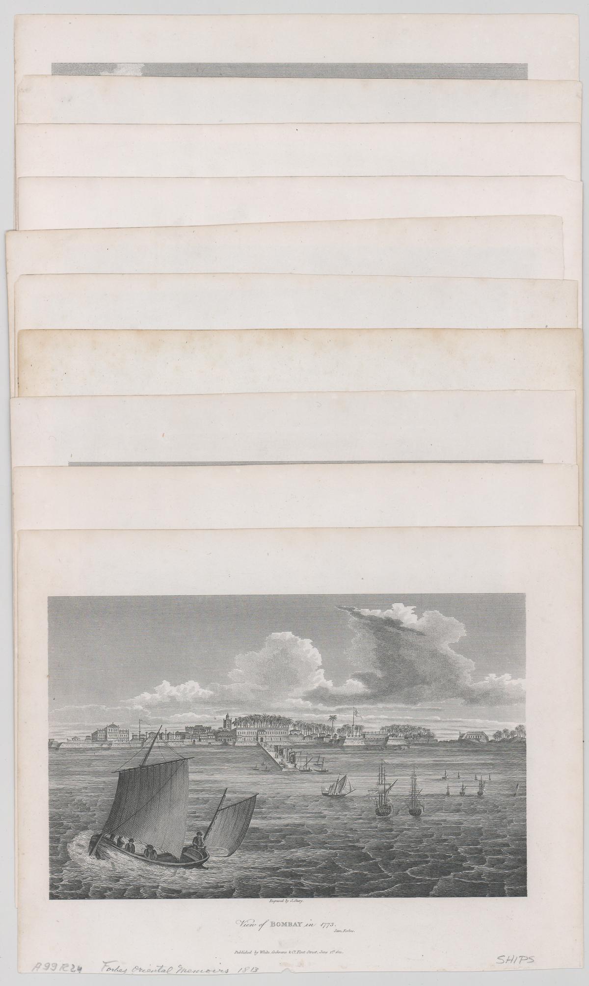 James Forbes Prints [Oriental Memoirs, Ships]: Nine plates from 'Oriental Memoirs: 4 Volumes' by James Forbes. Published by White, Cochrane and Co., London, 1813. All measure approximately 6.375-in. x 10-in. image size, 9.375-in. x 11.875-in. shee