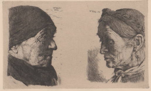 Wilhelm Leibl Etching [Portraits]: Wilhelm Leibl (German 1844 - 1900) etching. Two portraits on one sheet. Signed and dated ('W. Leibl 1874') in plate twice - one upper left of center, one upper right of center. Titled 'Heads of Peasan