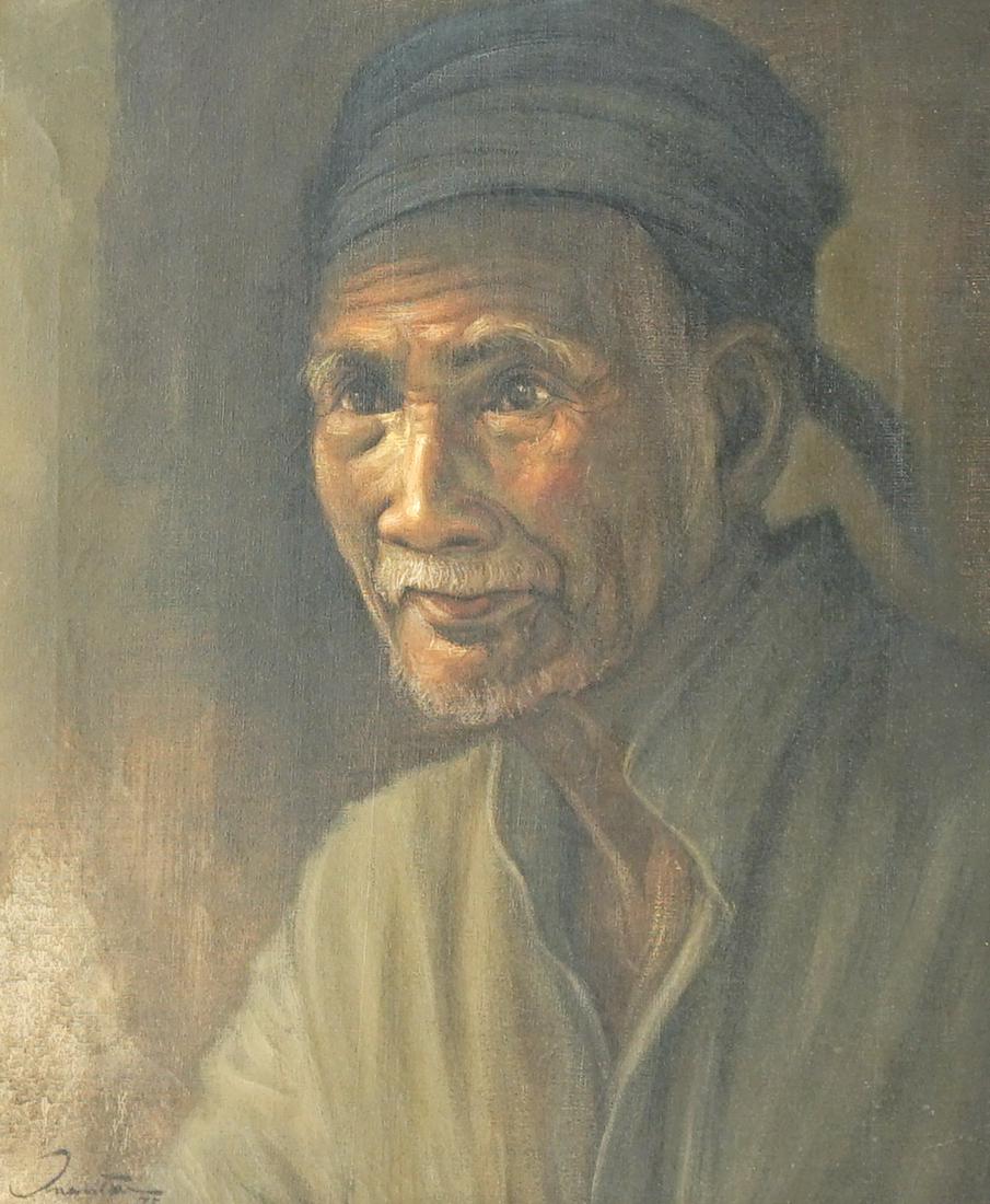 Indonesian Signed Original Oil Painting: Indonesian illegibly signed original oil painting on canvas. Signed and dated 1975 lower left. Measures 23 inches x 19 inches image size and 29.5 inches x 25.5 inches framed. Fair condition with water