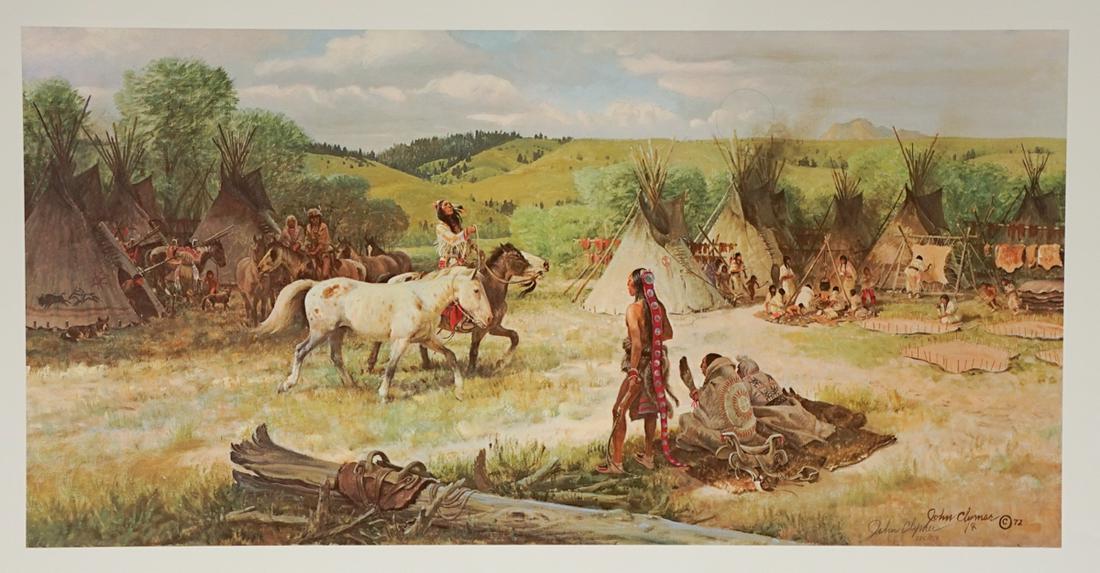 John Clymer Signed and Numbered Print: John Clymer signed and numbered print [Sioux Camp]. Signed and numbered in pencil 'John Clymer 285/750' lower right. Measures 16.25 in. x 32.5 in. image size and 25 in. x 38 in. sheet size. Unframed,