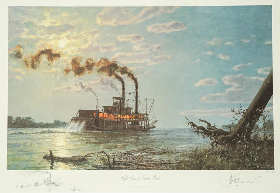 John Stobart (b.1929) Signed Print [Night Run]: John Stobart (born 1929 Massachusetts, Florida). Signed and numbered in pencil 'John Stobart 735/750' lower right. Titled 'Night Run to Friar's Point'. Measures 19.25 inches x 26 inches sheet size. Un