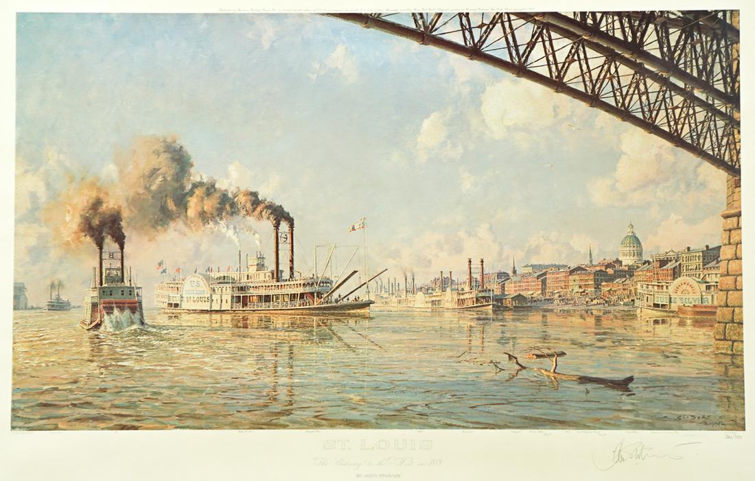 John Stobart (b.1929) Signed Print [St. Louis]: John Stobart (born 1929 Massachusetts, Florida). Signed and numbered in pencil 'John Stobart 361/750' lower right. Titled 'St. Louis'. Measures 19.75 in. x 34 in. image size and 27.5 in. x 39 in. shee
